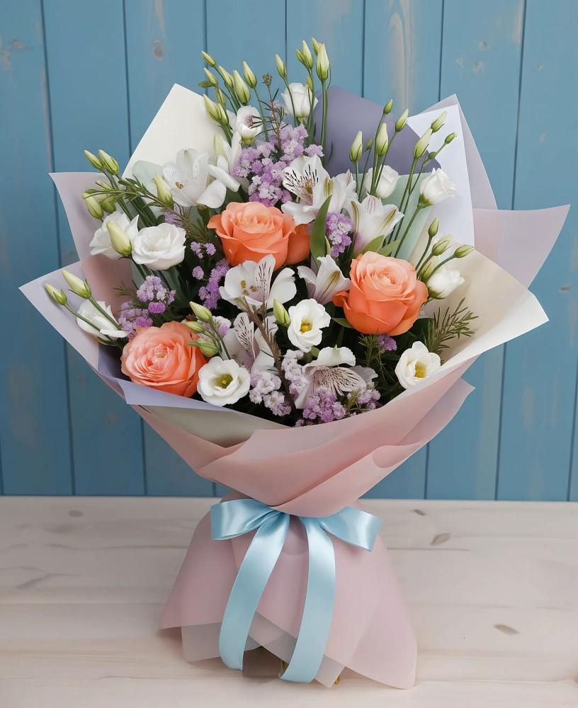 Букет цветов из: Лизиантусы, Розы, Альстромерии и Гипсофила в Реутов