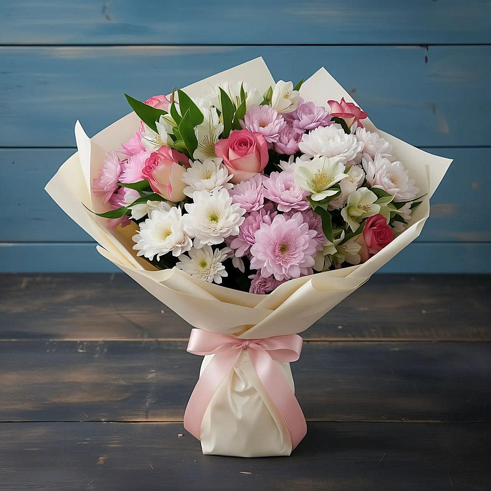 Букет цветов из: Хризантемы, Альстромерии и Розы в Реутов